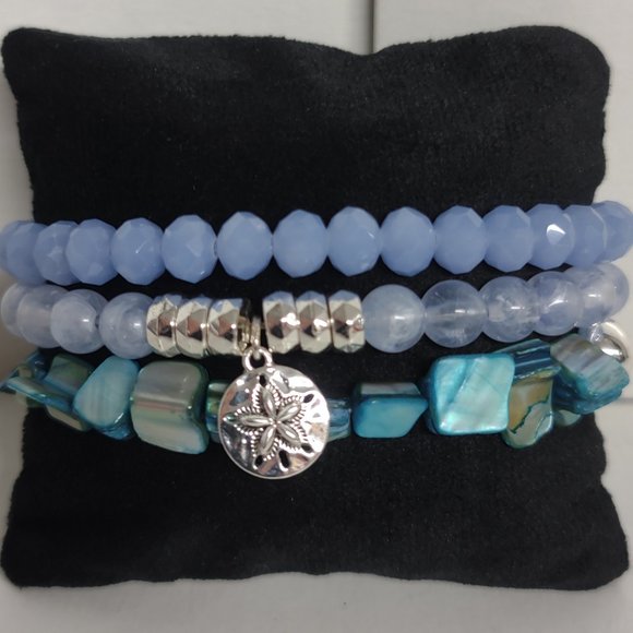 Sea Life Charm Stretch Bracelet set (Shades of Blue and Silvertone) 3pc set - Picture 6 of 8